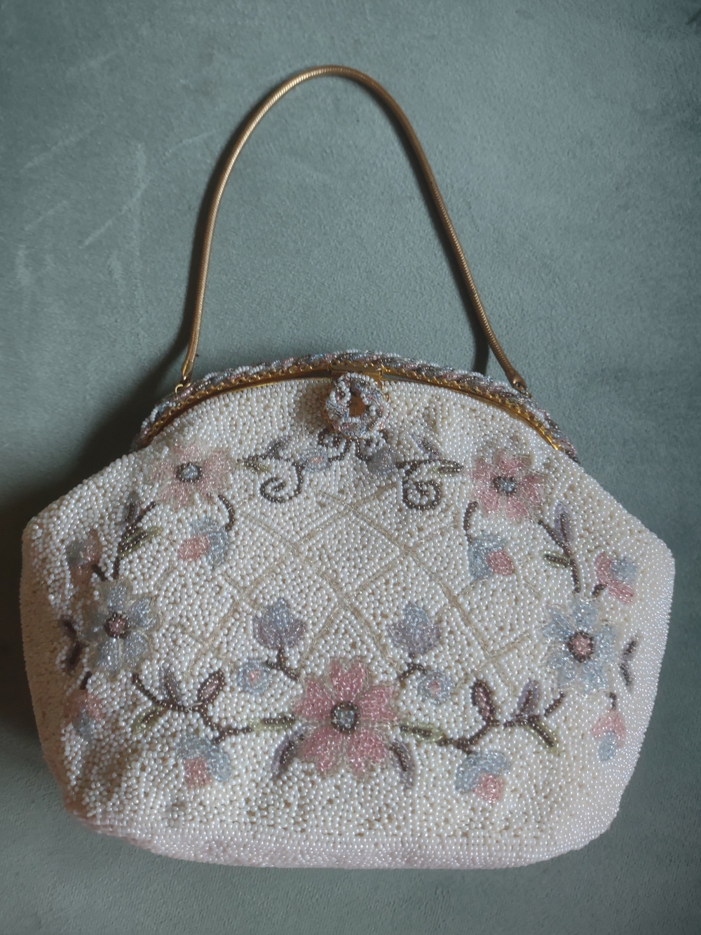 Beaded Floral Clutch in Cream and Pink